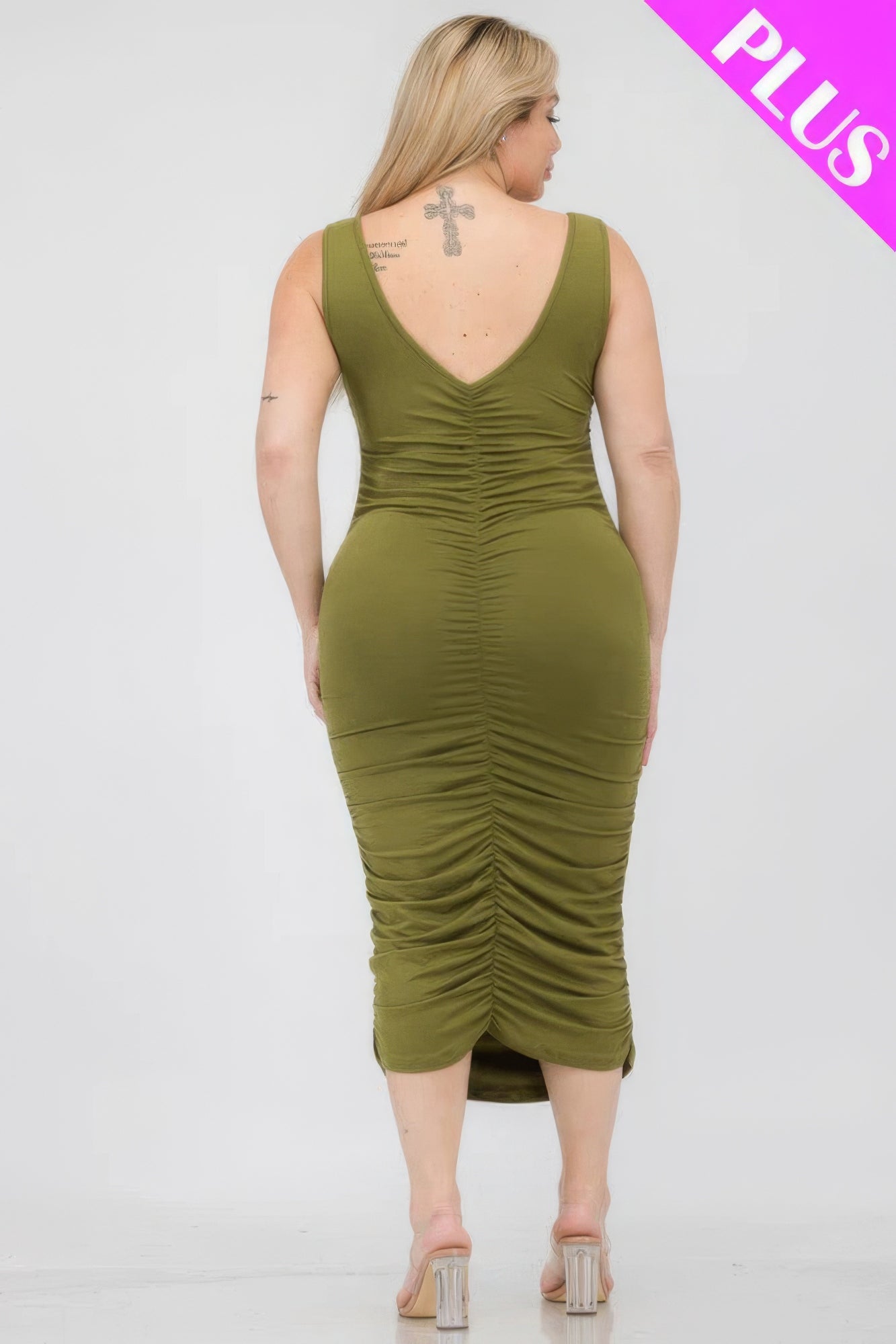 Olive Green- Square Neck Ruched Bodycon Midi Dress