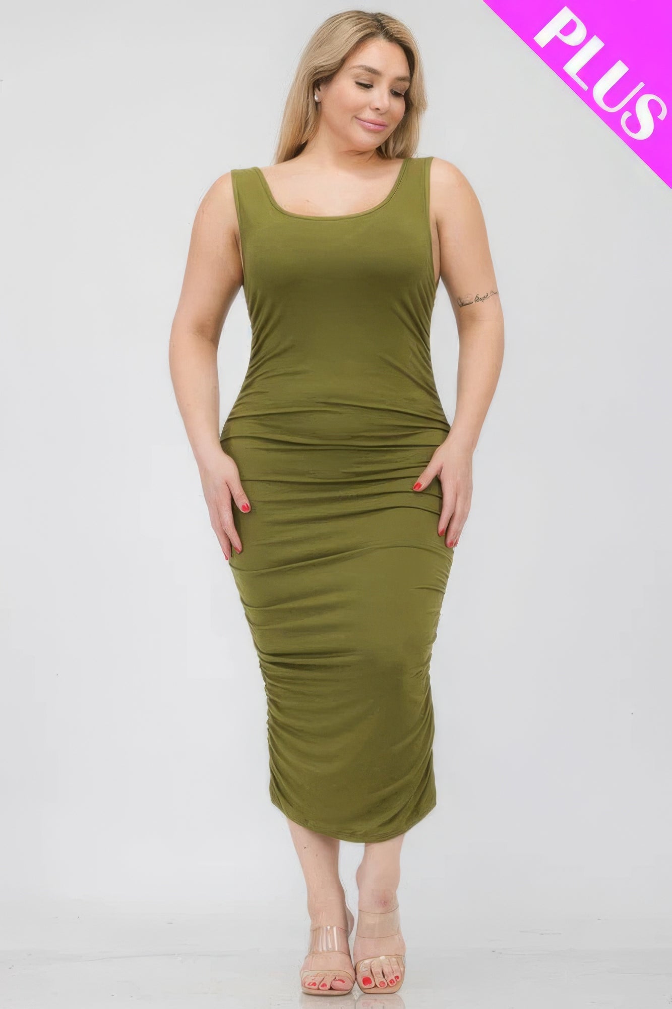 Olive Green- Square Neck Ruched Bodycon Midi Dress