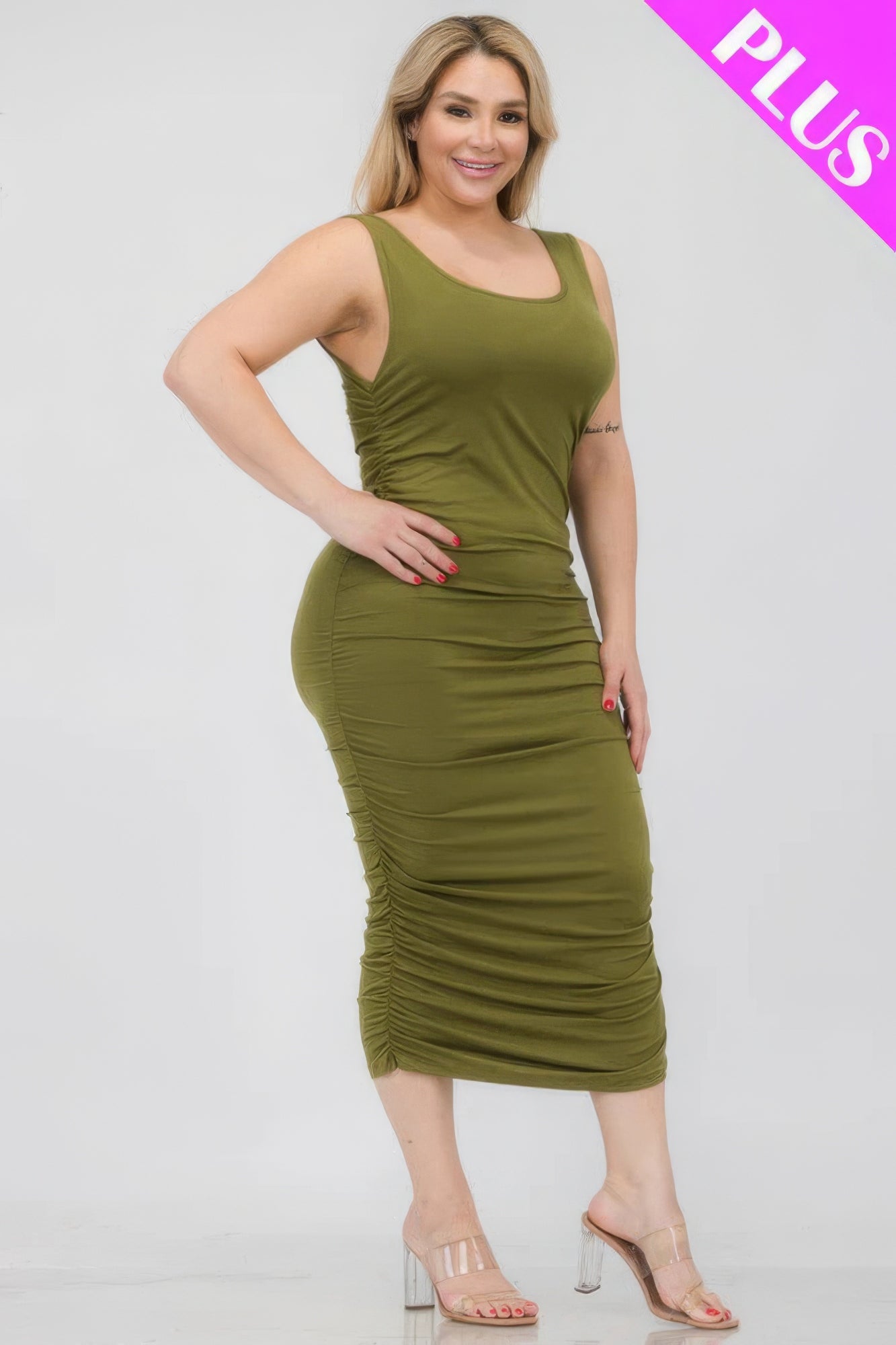 Olive Green- Square Neck Ruched Bodycon Midi Dress