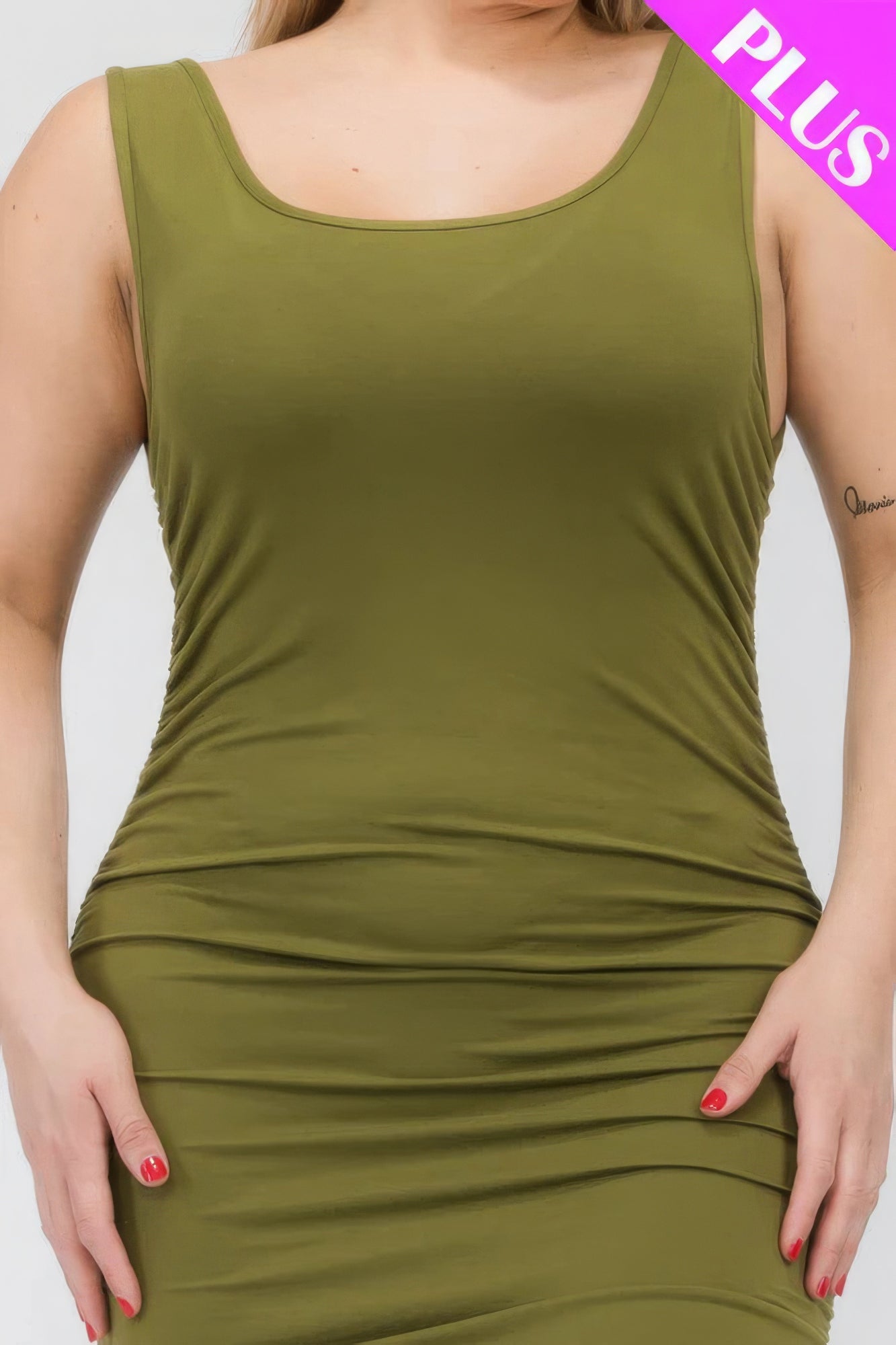 Olive Green- Square Neck Ruched Bodycon Midi Dress