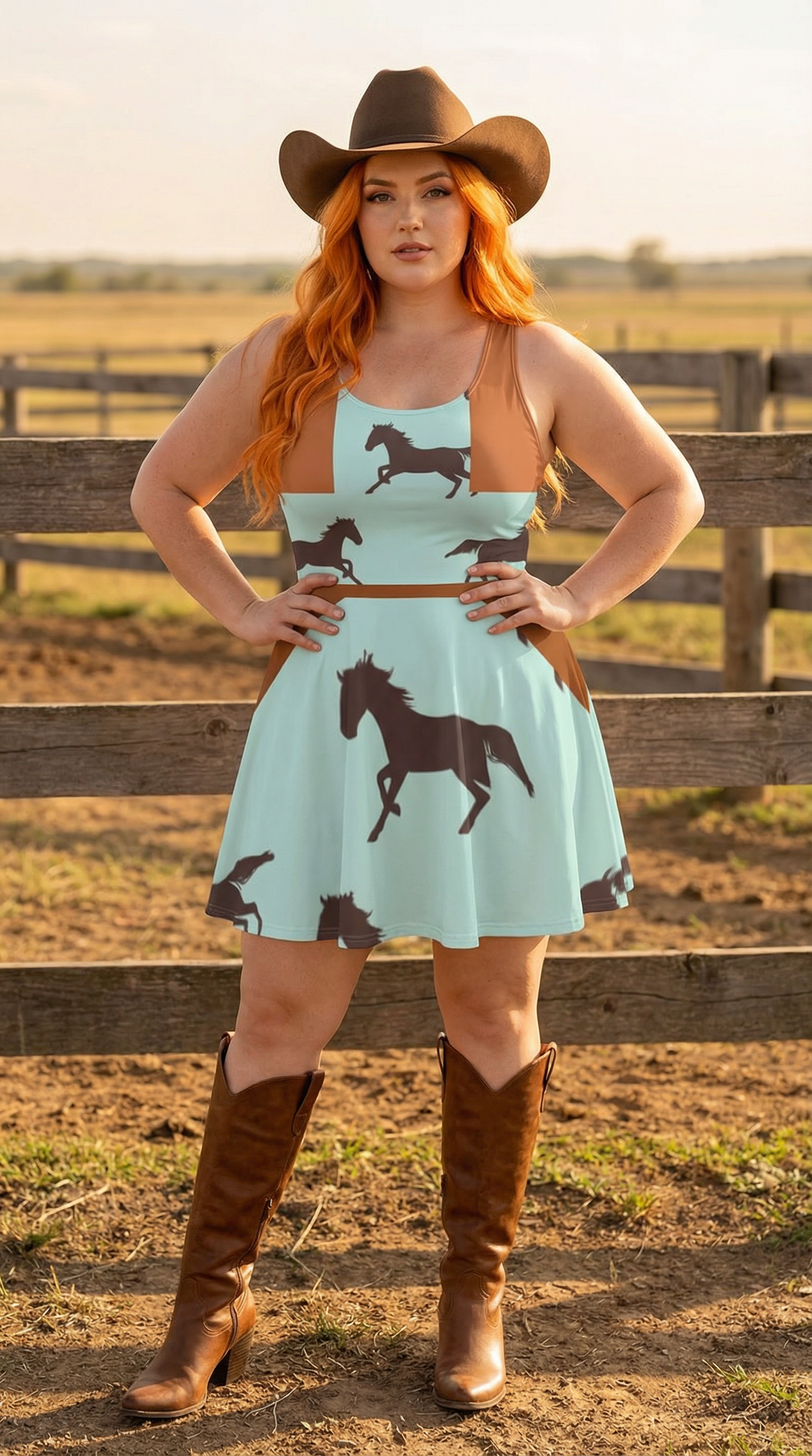 Wild Horses- Flare Dress(with Bronze Vest, Brown Belt& Suspenders Design)