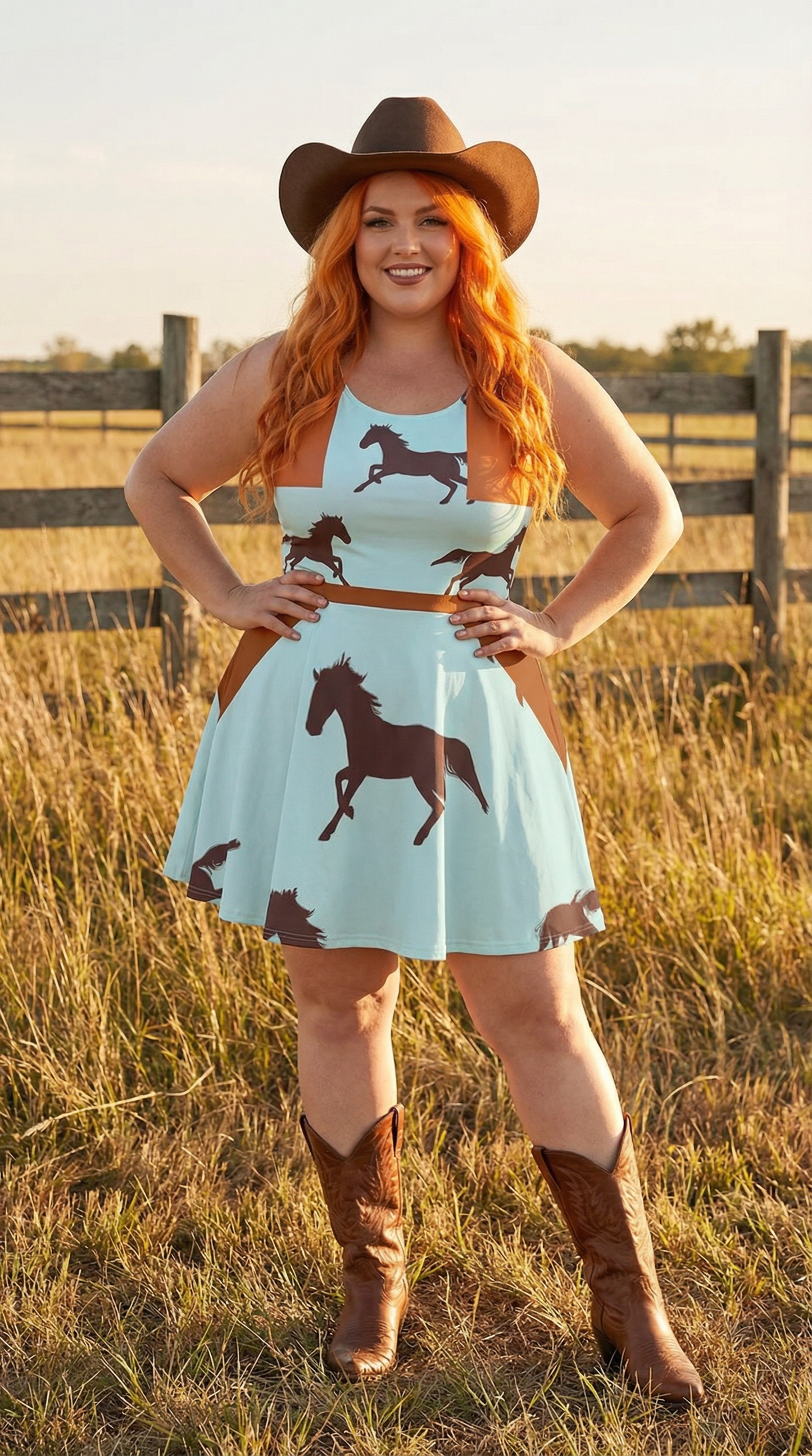 Wild Horses- Flare Dress(with Bronze Vest, Brown Belt& Suspenders Design)