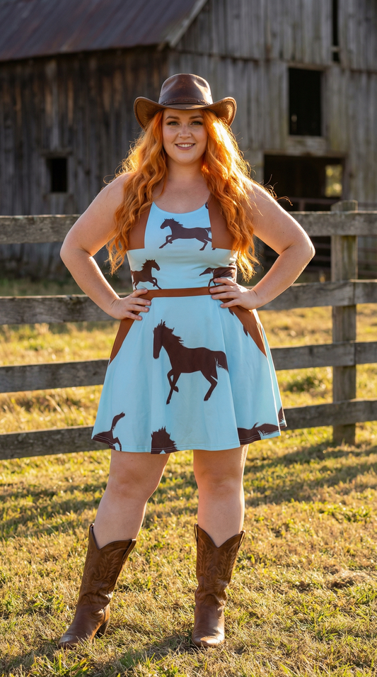Wild Horses- Flare Dress(with Bronze Vest, Brown Belt& Suspenders Design)