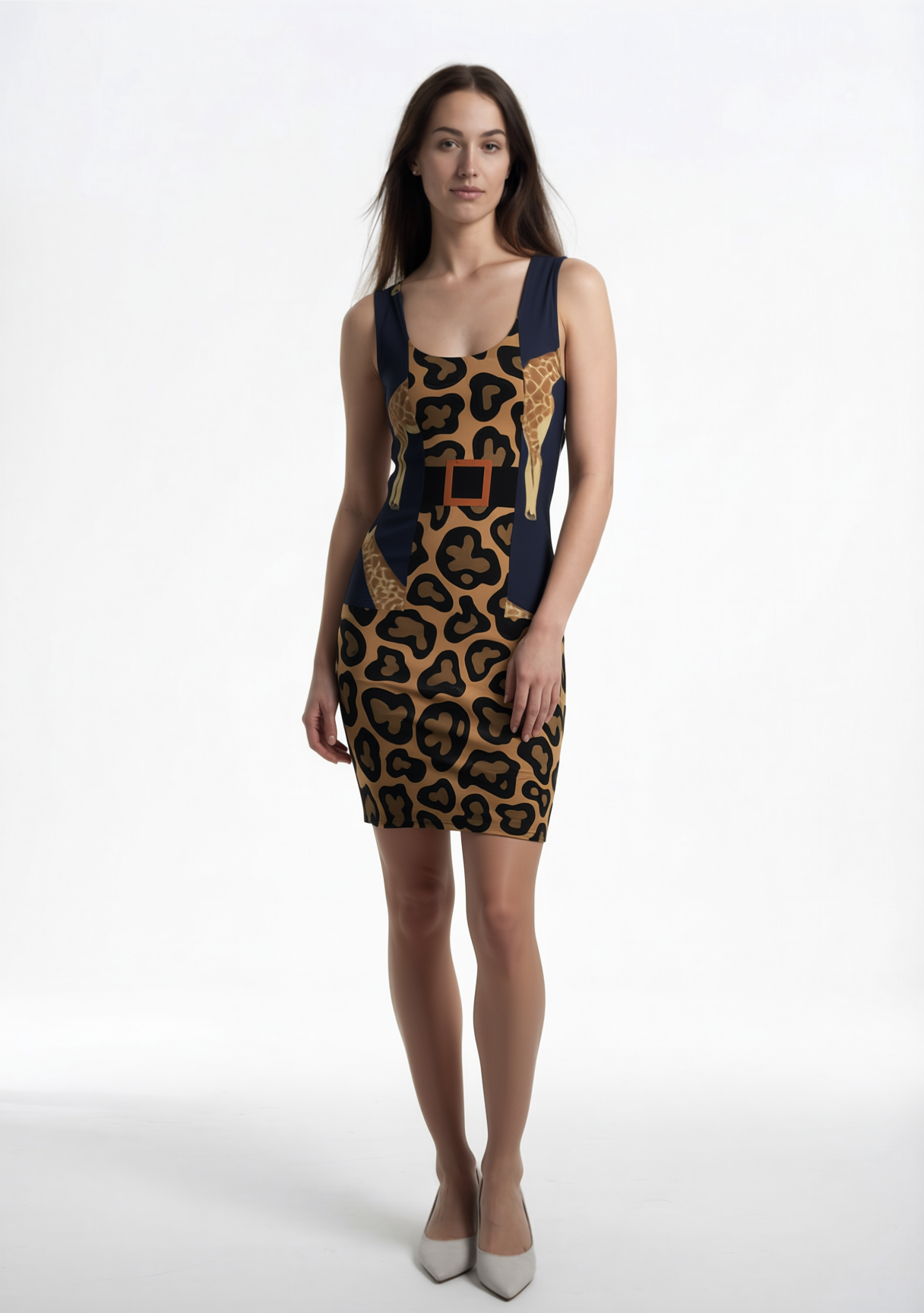 Cheetah Dress-With Giraffe Print Vest& Belt-Buckle Design