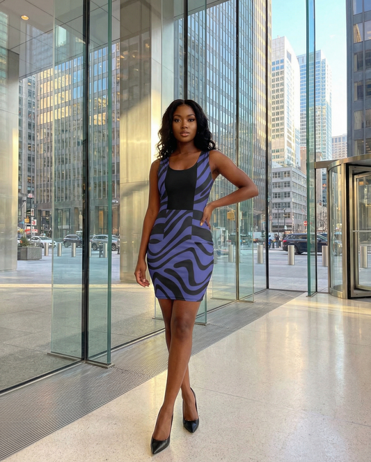 The Boss Dress Purple Swirls- with black blouse &Vest Design-Bodycon Dress
